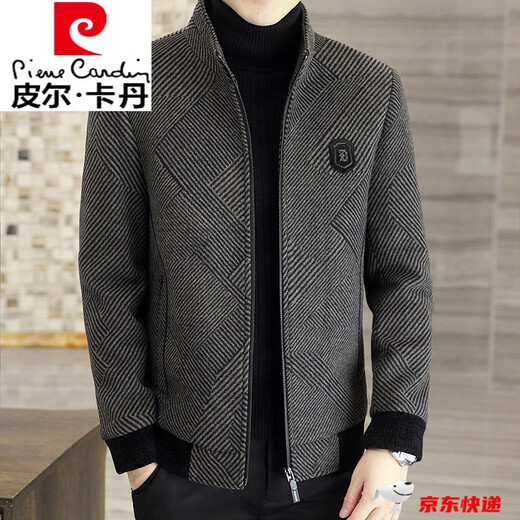 Pierre Cardin Spring and Autumn Wool Woolen Jacket Men's Stand Collar Thickened Spring and Autumn Warm Jacket Casual Cashmere Woolen Top Gray 832 Thickened Cotton Style M (95-115Jin Jin is equal to 0.5kg)
