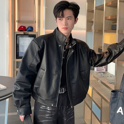 Digada Jacket Men's Retro Versatile Autumn and Winter Lapel Loose Korean Style Trendy Design Handsome Motorcycle Leather Jacket HYXS-HY199 Black Regular XL