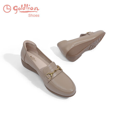 Goldlion New Year's gift women's shoes mother's shoes pumps wedge heel round toe loafers G662330071 apricot 36