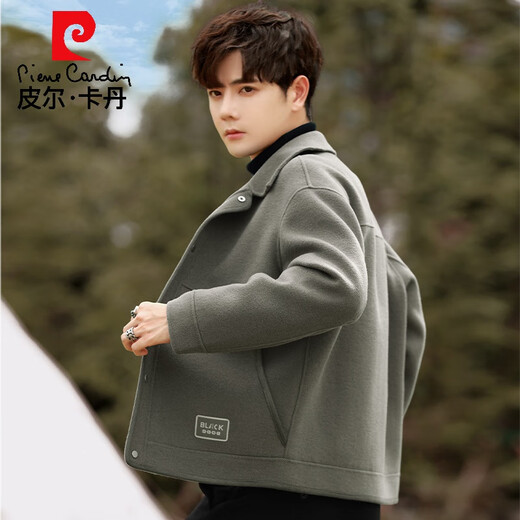 Pierre Cardin high-end solid color wool double-sided woolen coat jacket for men spring and autumn new style lapel loose casual short jacket gray green L 175