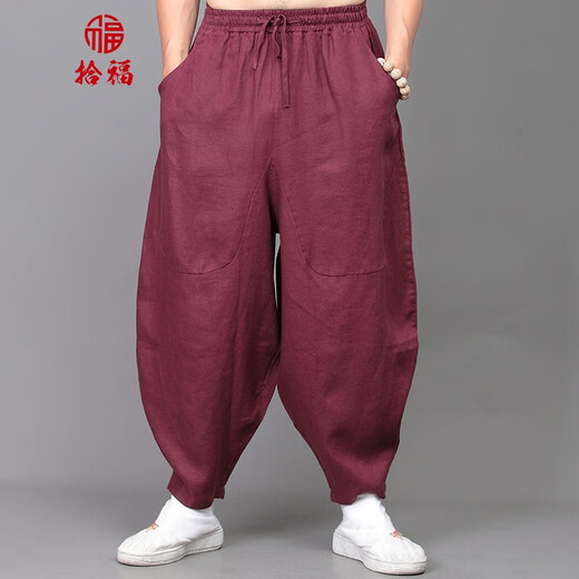 拾福男装休闲裤亚麻吊裆长裤中式棉麻锥形裤夏季哈伦束脚裤透气裤子男 绿色 M -100-125斤