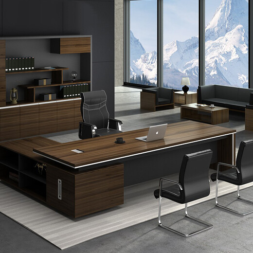 Nuoxiong Boss Desk and Chair Modern Office Furniture Light Luxury Boss Executive Desk President Supervisor Desk Full Board Desk Left Side Cabinet 2.4 Meter Boss Desk + 6 Door Bookcase + Boss Chair