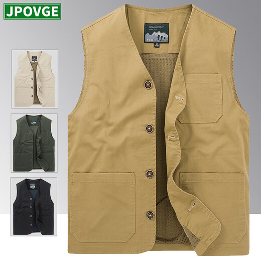 JPOVGE纯棉加绒马甲男秋冬季宽松加大码V领马夹男中老年纽扣保暖背心男 浅卡其-薄款 2XL -185/100A 推荐155-170斤