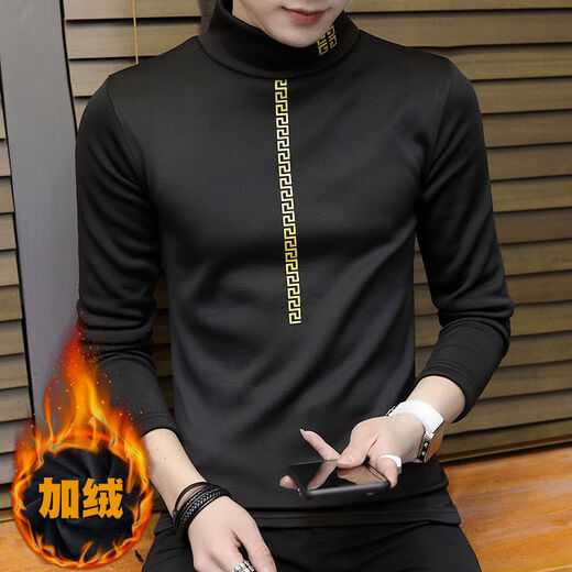 Commander Bear Herren-Langarm-T-Shirt Herbst und Winter Sweatshirt Herren Winter High-Neck plus Samt verdickte Herren-Basis-Hemd Trendy Black 6623 Kleine M /85-100jin [Jin entspricht 0,5 kg]