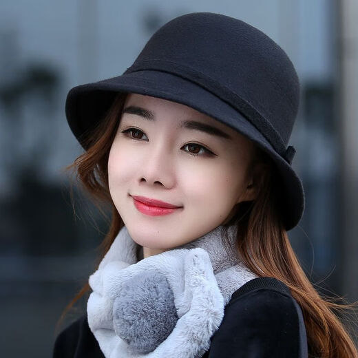 Pisces Rabbit Felt Hat Women's Autumn and Winter Big Face Slim Versatile Fashion Woolen Hat Korean Style Felt Hat Retro British (Big Bow) Wine Red Adjustable Head Size 57CM
