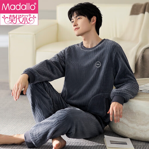 莫代尔睡衣男士冬季珊瑚绒加厚加绒男款秋冬法兰绒可外穿冬款休闲家居服 9864雾蓝灰 M (165)