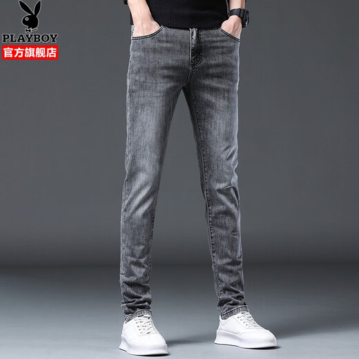 Playboy (PLAYBOY) jeans men's slim summer trendy commuting distressed small-leg pants four-way stretch casual versatile trousers 1048 gray four seasons 34
