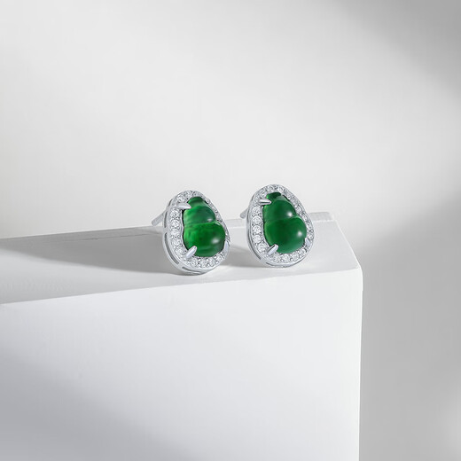 Chao Acer Light Chasing Gourd Round Jadeite S925 Silver Earrings Women's Silver Earrings Ice Type Gift for Girlfriend's Birthday Gourd One Pair Contains Silicone Ear Plugs