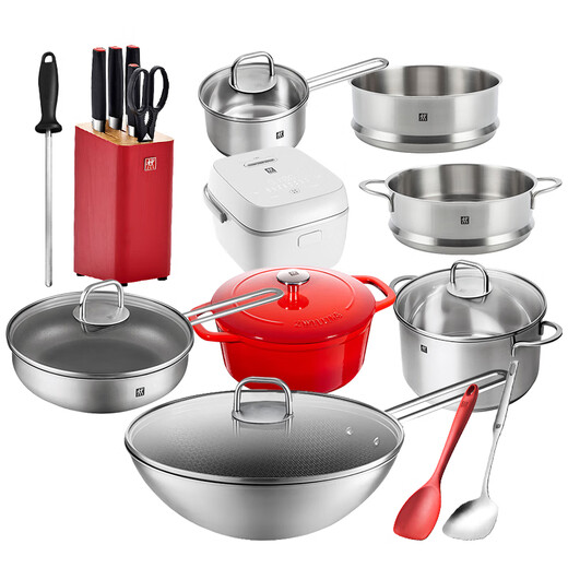 Zwilling pot set, wok, non-stick pan, non-stick frying pan, steamer, soup pot, wedding housewarming 17-piece set (plus rice cooker) | 7-piece knife set