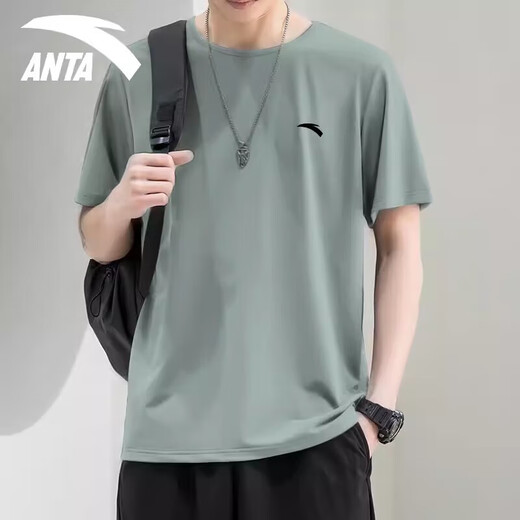安踏（ANTA）短袖t恤男装夏季轻薄透气冰丝速干衣宽松大码跑步健身休闲运动服 -13豆灰色 L 175