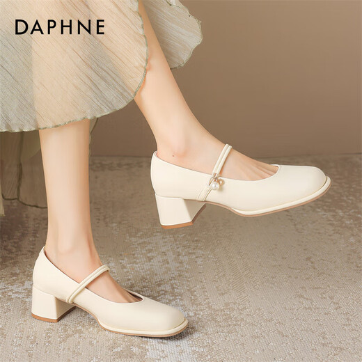 达芙妮单鞋女气质方头高跟玛丽珍鞋一字带女鞋子4024101109 米色 36