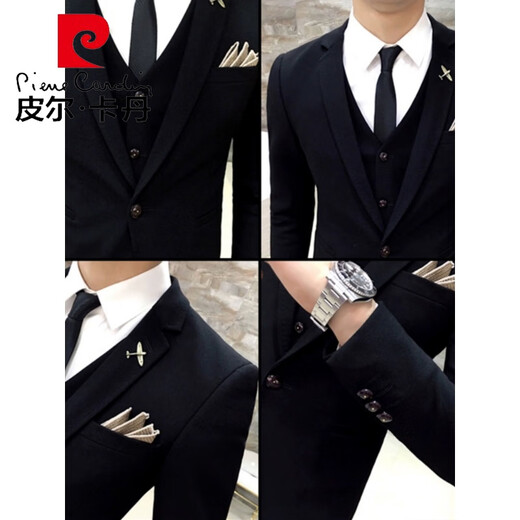 Pierre Cardin suit men's three-piece casual black suit, slim fit, Korean style formal groom, handsome wedding dress, trendy black suit + vest + trousers L 110-120Jin Jin equals 0.5 kg