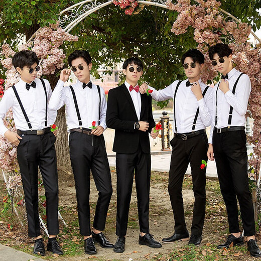 Xinzhizhan best man costume brother group clothing men's three-piece shirt men's clothing wedding dress gray vest + gray pants + shirt + bow tie 3XL