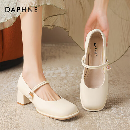 达芙妮单鞋女气质方头高跟玛丽珍鞋一字带女鞋子4024101109 米色 36