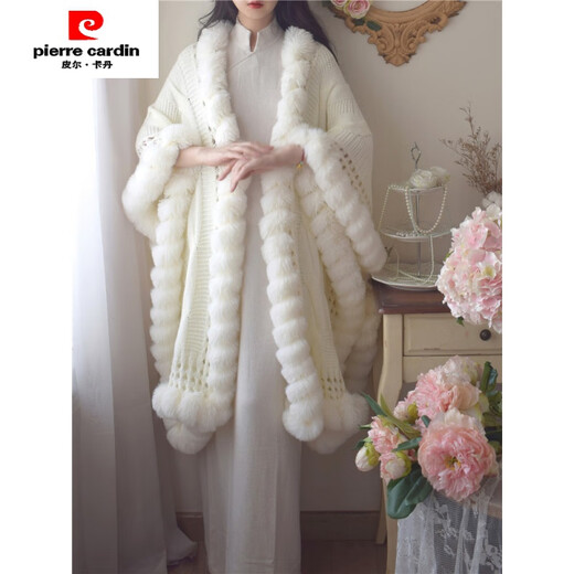 皮尔卡丹（pierre cardin）外套女秋冬旗袍披肩外搭慵懒麻花针织毛毛斗篷厚款加长款仿皮草外 米色---【绞花穿毛披肩】