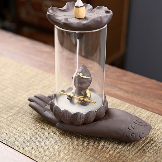 American and foreign new Chinese Zen backflow incense burner, glass cover, windproof, indoor household ornaments, sandalwood, agarwood, smoke, Pixiu base - Meditation Monkey King 60 mixed floral G