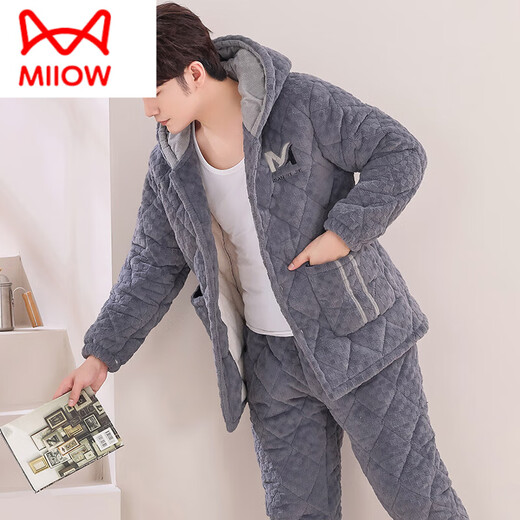 猫人（MiiOW）新款男士秋冬季三层夹棉睡衣珊瑚绒加绒加厚法兰绒家居服冬天套装 浅灰色M6626带帽款 2XL 3层 x 【140-165斤】三层+厚