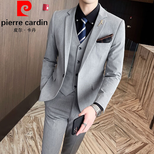 Pierre Cardin's new spring and autumn casual men's suit three-piece Korean version slim-fitting high-end groom's dress suit host knitted X1818 dark gray (suit, trousers) tie