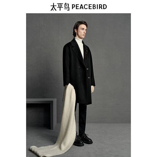 PEACEBIRD Men's Black Casual Woolen Mid-Length Coat Men's B1AAE4B02 Black 1 XL