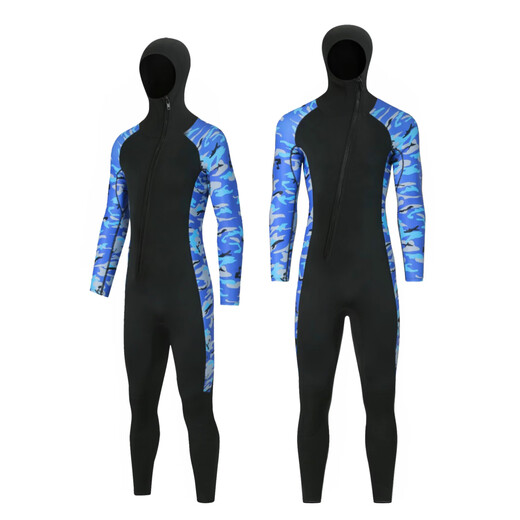 Gumuni cross-border 3MM one-piece wetsuit for men in the sea, cold-proof wetsuit, warm swimsuit, snorkeling paddleboard surfing, 3mm camouflage blue hooded 4XL