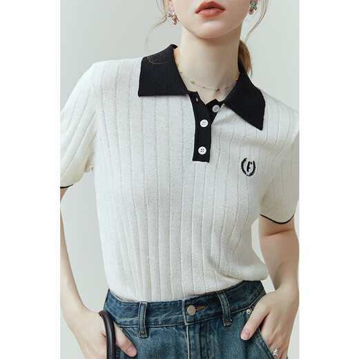 
Fan Silan 23FS12003 Contrast color embroidery knitted POLO collar commuting simple fashion knitted short-sleeved women blue apricot XS