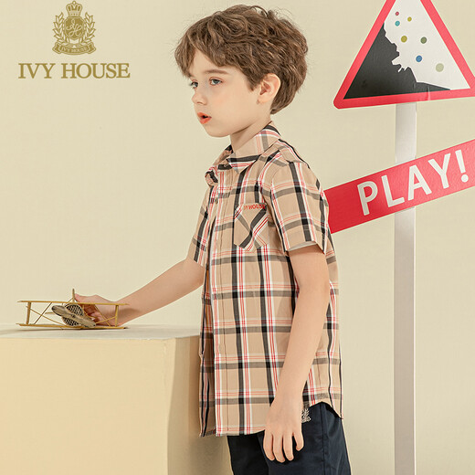 IVY HOUSE Ivy Children's Boys' Plaid Shirt Summer New Classic British College Style Casual Loose and Comfortable Shirt Khaki 130cm (130/60)