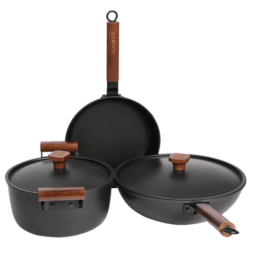 Oaks iron pan wok non-stick pan household gas stove three-piece set wok pan frying pan soup pot set pan less oil smoke wok + frying pan + soup pot
