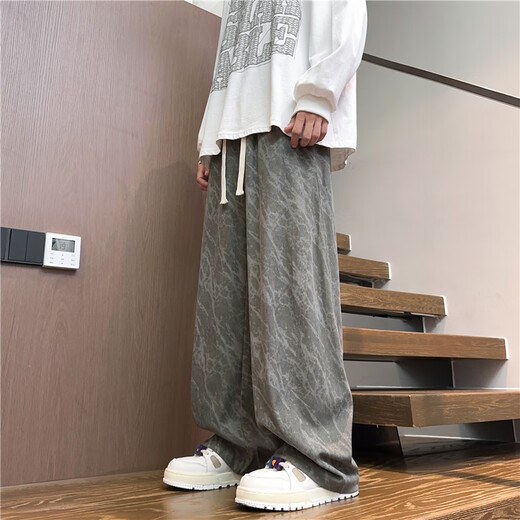 PTAT tie-dye corduroy pants for men, autumn and winter plus velvet straight loose wide-leg trousers American fashion brand printed casual pants pink regular L (recommended 110-130Jin Jin equals 0.5 kg)