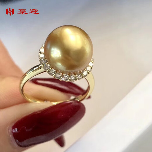 Haoying 2023 Nanyang Gold Pearl Ring 925 Silver Plated 18K Gold Perfect Round Flawless Pearl Ring Pearl Ring Bead Diameter 12mm