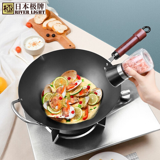 RIVER LIGHT Japanese brand wrought iron wok healthy uncoated wok 33+28 steak frying pan imported pot set universal gas induction cooker