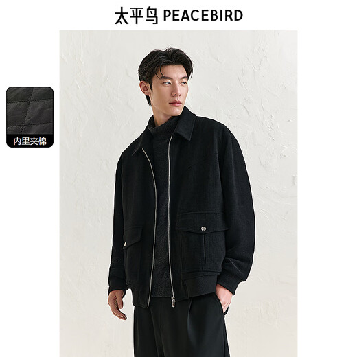 PEACEBIRD Men's Jacket Textured Winter Fashion Lapel Casual Jacket Quality Jacket Black M