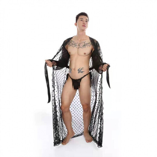 Sexy underwear men's underwear thong sexy sexy lace bathrobe long transparent slit XL g094 black nightgown + underwear