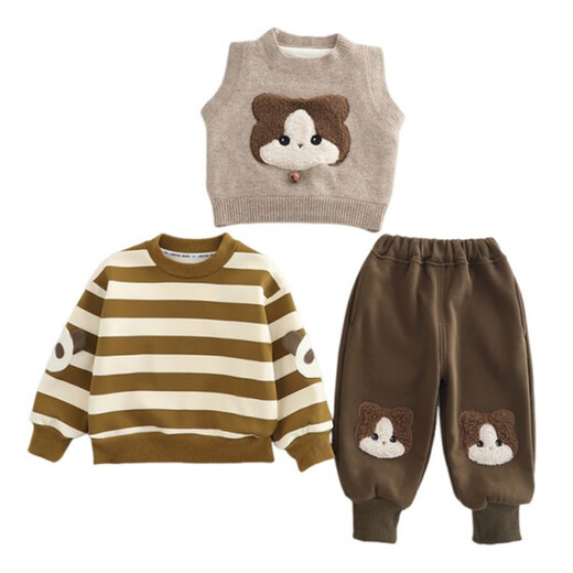 Disney Children's's Clothing Boys's's Garçons Automne et hiver Vêtements d'hiver pour enfants Des vêtements de bébé d'un an plus en velours épaissis de style collégial à trois pièces Boy Beige Rabbit Head Sweater trois pièces 100 tailles 2 à 3 ans [90-100cm]