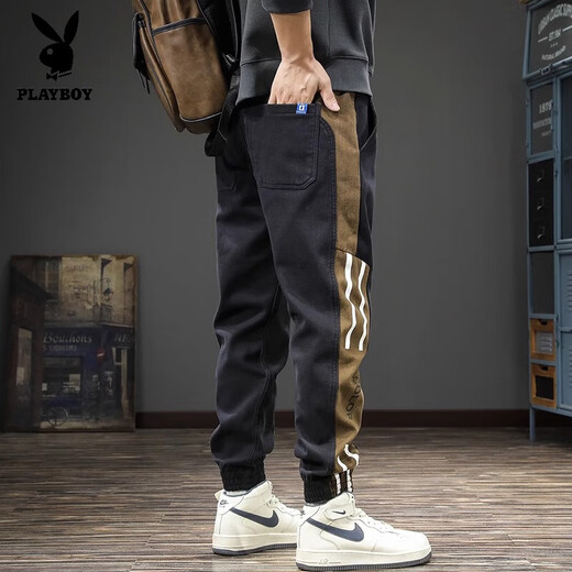 Playboy 2025 trendy brand spring and summer work clothes foot casual pants for men stripes, large size autumn new style pixie Harlan sports trousers black 2XL suitable weight 160-180Jin [Jin equals 0.5 kg]