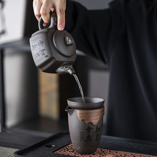Jianfeng high-end Yixing raw mineral purple sand kung fu tea set complete set for office and home gifts housewarming and opening gifts contentment and happiness (8 teacups with different words)