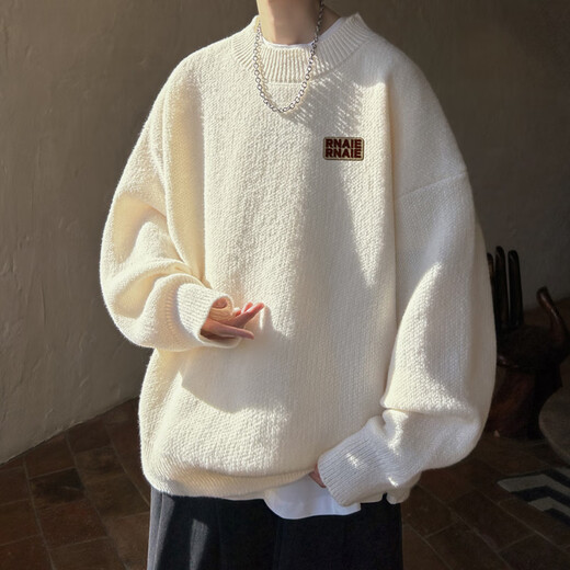 OEMG half turtleneck sweater for men in spring, autumn and winter plus velvet thickened pullover threading fashion brand loose base knitted sweater jacket White XL [recommended 135-150Jin [Jin equals 0.5 kg]]