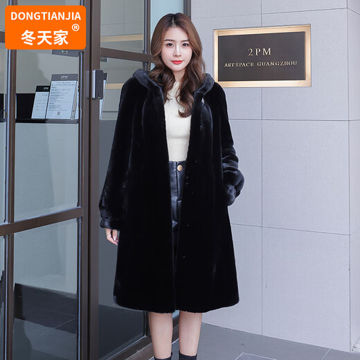 Dongtianjia Brand Fur 2025 Новое импортное норка для женщин, цельная норка средней длины шерсть из капюшона для женщин, Black XL 120-140Jin [Jin равняется 0,5 кг]
