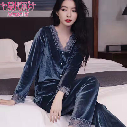 
Modal gold velvet pajamas for women in spring and autumn sexy lace lace long sleeve trousers thin velvet winter home clothing two-piece set -9923 rose red L (100-115Jin [Jin equals 0.5 kg])