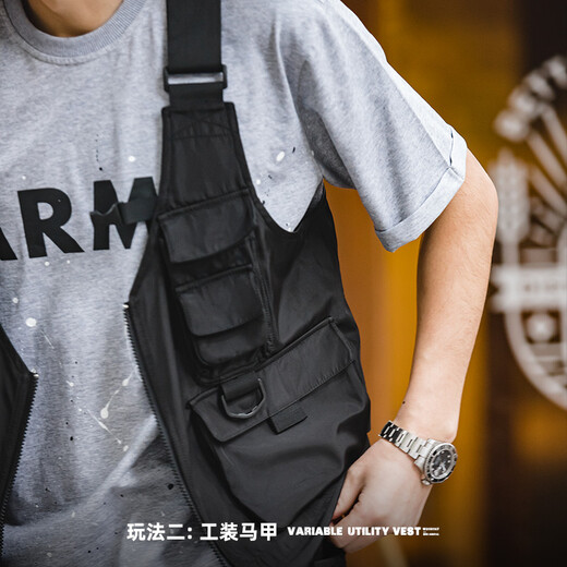 马登工装多口袋机能战术马甲户外无袖坎肩摄影钓鱼两用挎包外套男 黑色 均码