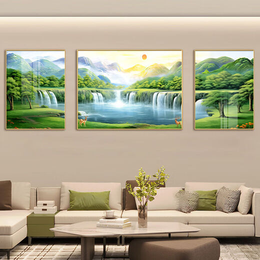 OUOETY背靠金山客厅挂画山水风景画沙发背景墙装饰画招财风水西墙三联画 12596[金色铝合金框] 中70*50两边35*50[纹理油画布面