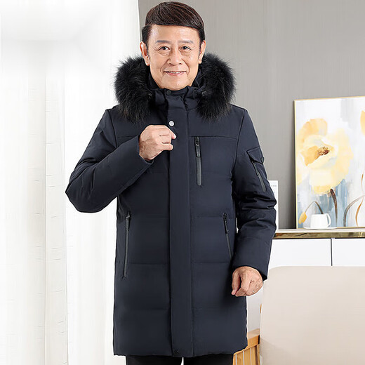 Warm winter duck duck middle-aged down jacket for middle-aged men 50-70 years old thickened warm mid-length dad jacket hairless collar black L 170 suitable for 90-110 Jin Jin equals 0.5 kg