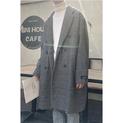 艾梵斯贝冬季新款千鸟格风衣外套男中长款韩版宽松格子帅气呢大衣过膝大衣 咖格 3XL