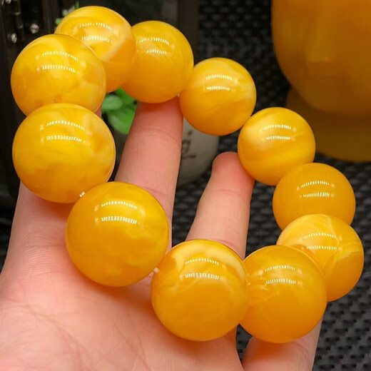 DL 1998 Fat Donglai same style chicken oil yellow beeswax bracelet natural l floating flower old boys and girls round bead couple amber bracelet diameter 18mm floating flower bracelet men's style