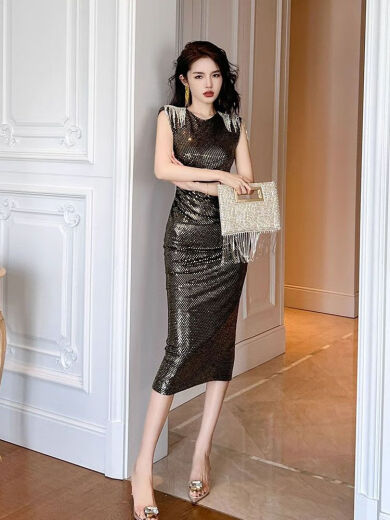 Yubeiji dinner dress women's 2023 new fashion noble dinner party temperament slim slim sexy dress sub-trendy champagne black dress high-quality fabric S (recommended to wear around 82-98)