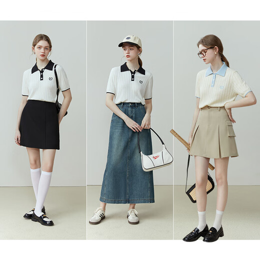 
Fan Silan 23FS12003 Contrast color embroidery knitted POLO collar commuting simple fashion knitted short-sleeved women blue apricot XS