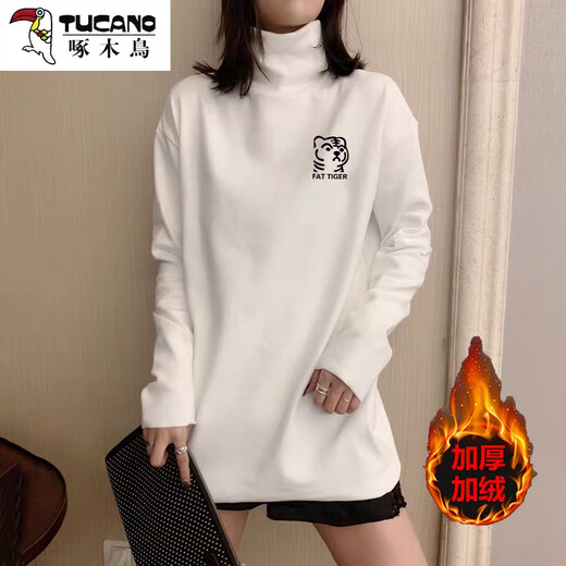 Woodpecker (TUCANO) turtleneck German velvet bottoming shirt for women with long sleeves and velvet thickening 2025 autumn and winter style inner mid-length t-shirt for women black black plus velvet XL 135-150Jin Jin is equal to 0.5 kg