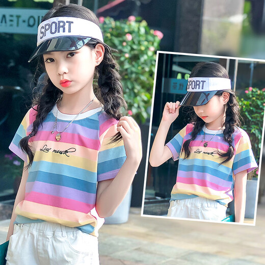Camiseta de manga corta de Pitt Pitt Girls 2025 Summer NUEVO TENTRO T CHIRES COREANO Top de rayas sueltas Medianas grandes para niños grandes 3505 Rainbow Stripe + 9922 White 150 cm