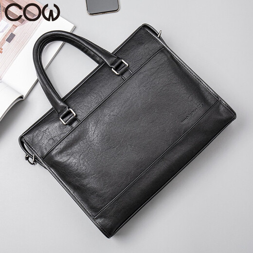French COW Briefcase Trendy Fashion Men's Bag Casual Business Large Capacity Horizontal Handbag Shoulder Crossbody Laptop Bag C-6668 Black