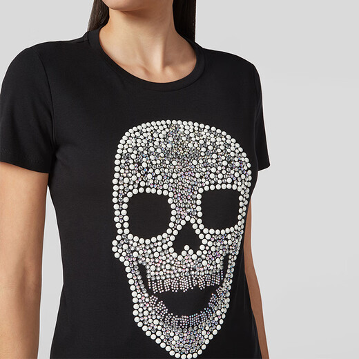 菲利普普兰（PHILIPP PLEIN）女士棉质水钻骷髅图案短袖T恤衫 WTK1283 PTE003N 黑色 XS