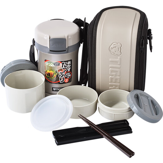 TIGER Insulated Lunch Box Large Capacity Extra Long Insulated 304 Vacuum Insulated Portable Student Japanese Cabinet Microwaveable Office Worker Gray 4 Layers 2L